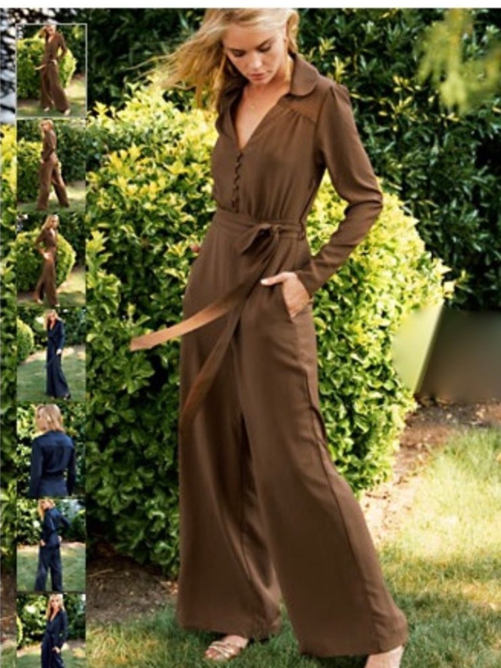 HAPPY X NATURE GEM COFFEE BROWN JUMPSUIT size 4 wide leg long sleeve 70s revival
